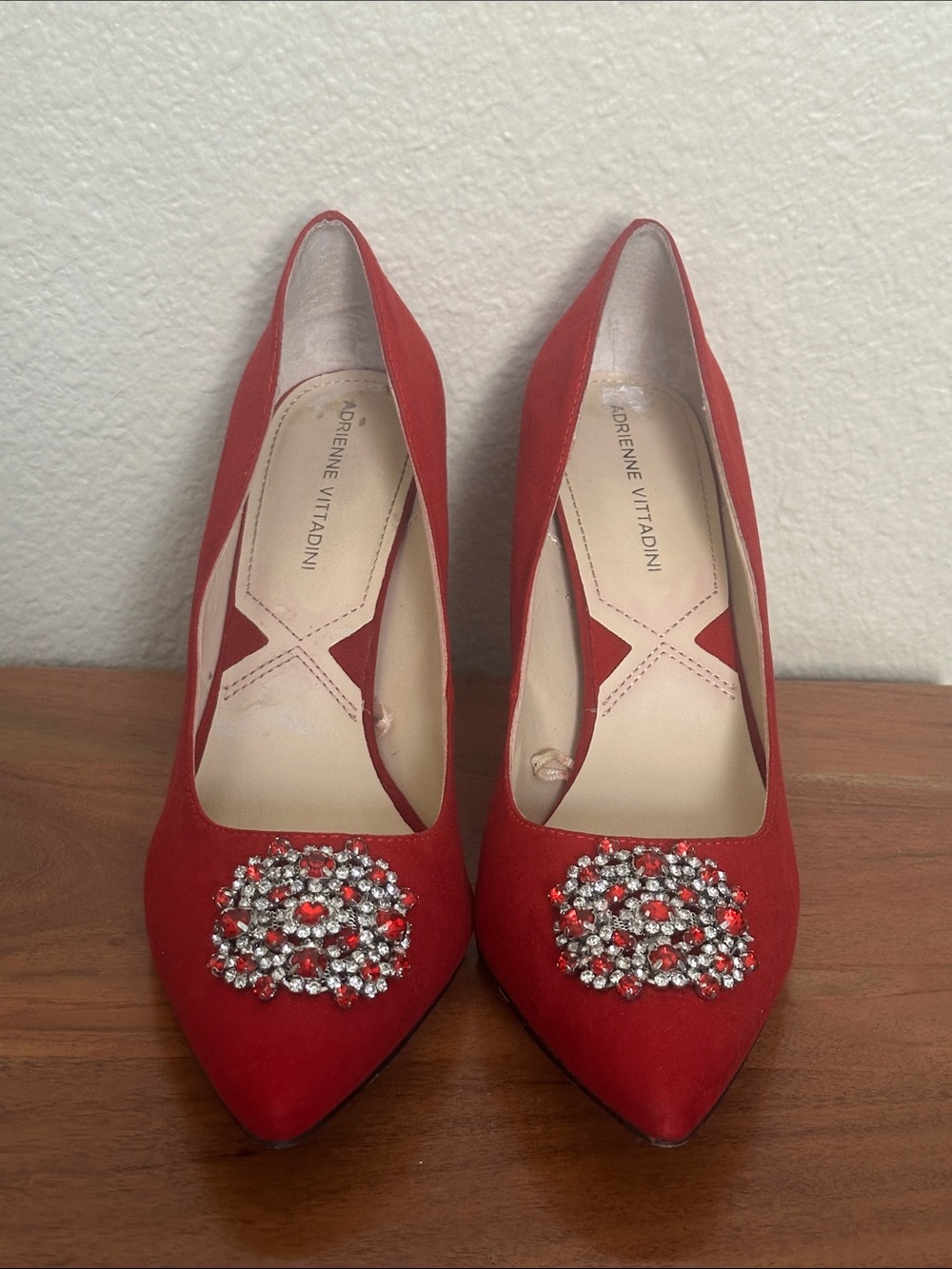 Adrienne Vittadini Red Suede Pointed-Toe Pumps with Crystal Brooch